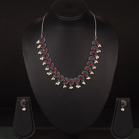 Delicate Oxidised Neckpiece Set With Maroon Stone Work