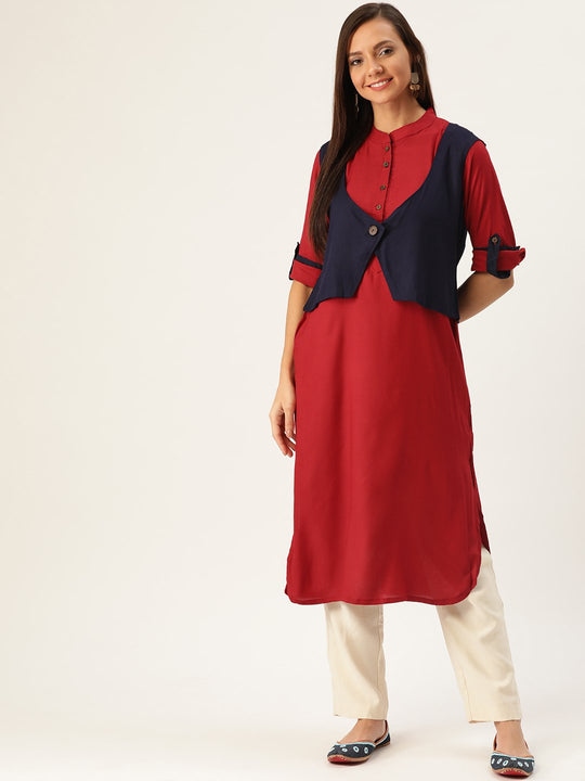 Maroon Kurta Blue Shrug