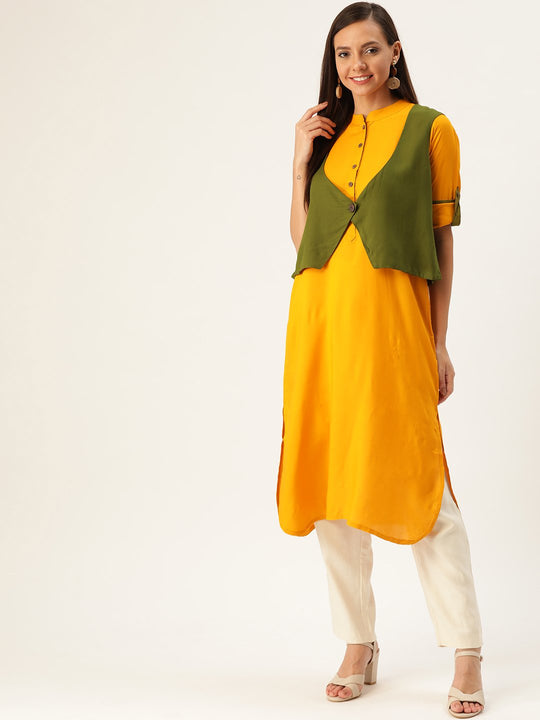 Mustard Kurta Green Shrug