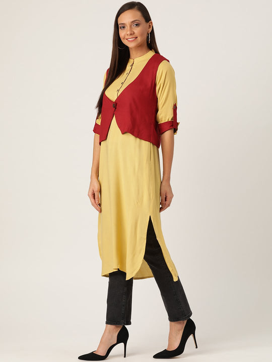 Beige Kurta Maroon Shrug