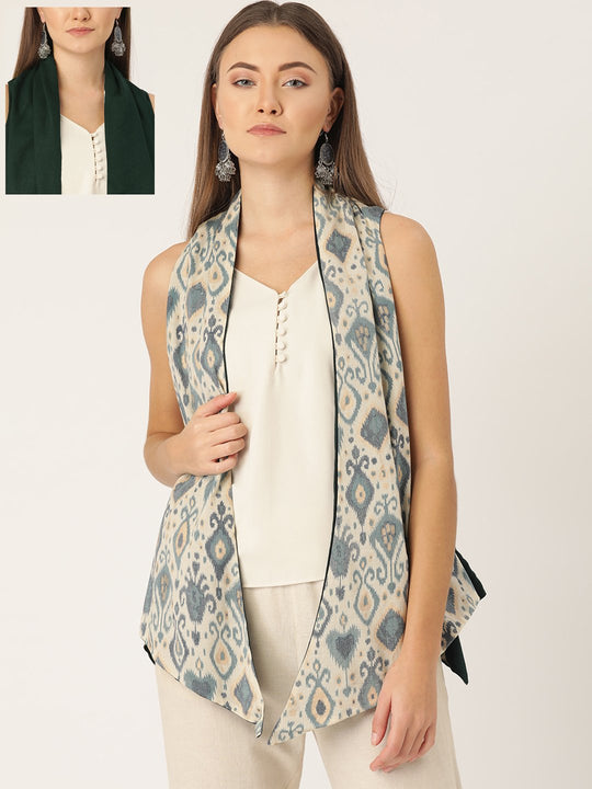 Reversible Shrug In Off White Ikkat Print & Green