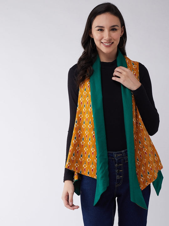 Mustard Kantha Ikkat Reversible Shrug