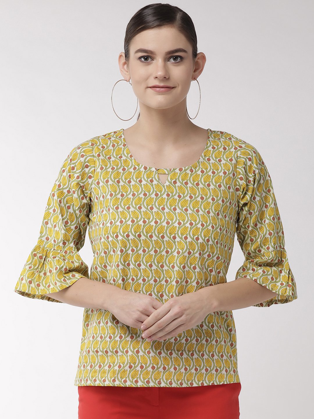 Yellow Floral Bell Sleeves Top