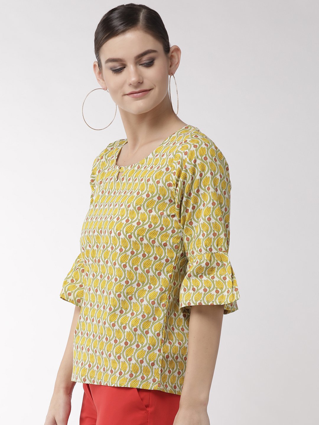 Yellow Floral Bell Sleeves Top