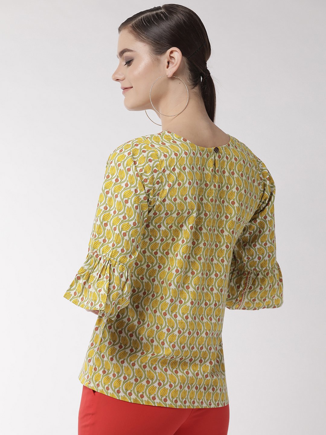 Yellow Floral Bell Sleeves Top