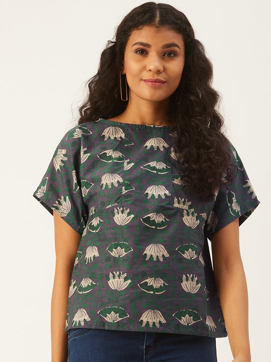 Green Floral Print Top
