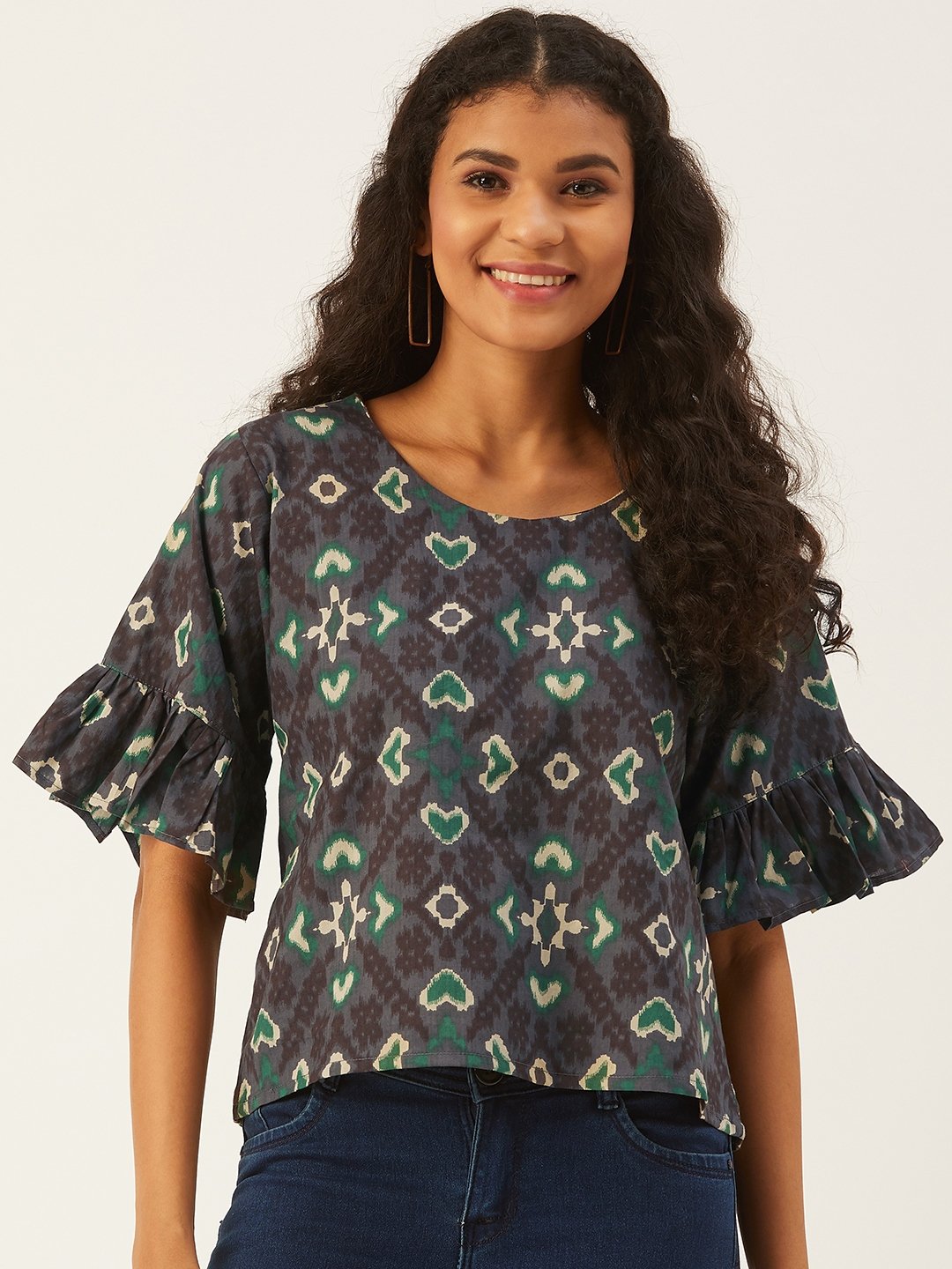 Grey-Green Top  With Frill Sleeve