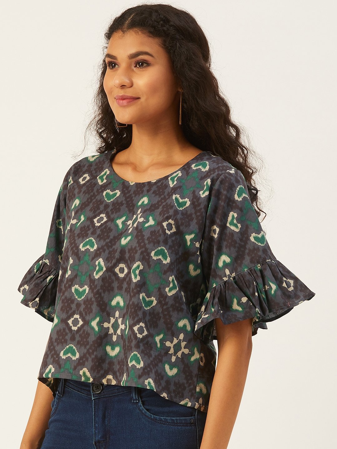 Grey-Green Top  With Frill Sleeve
