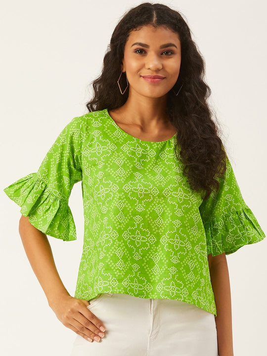 Green Bandhani Top With Frill Sleeve