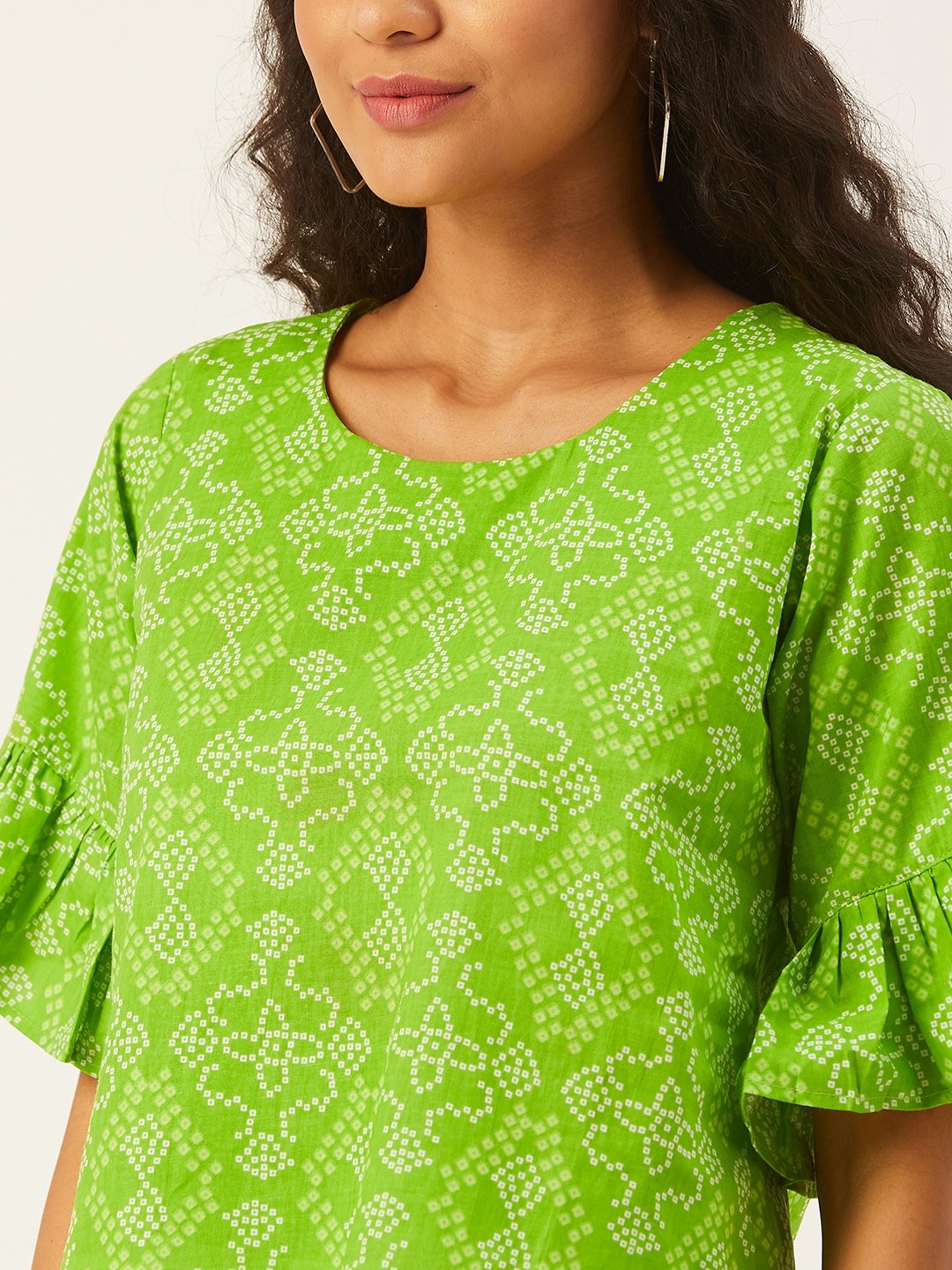 Green Bandhani Top With Frill Sleeve
