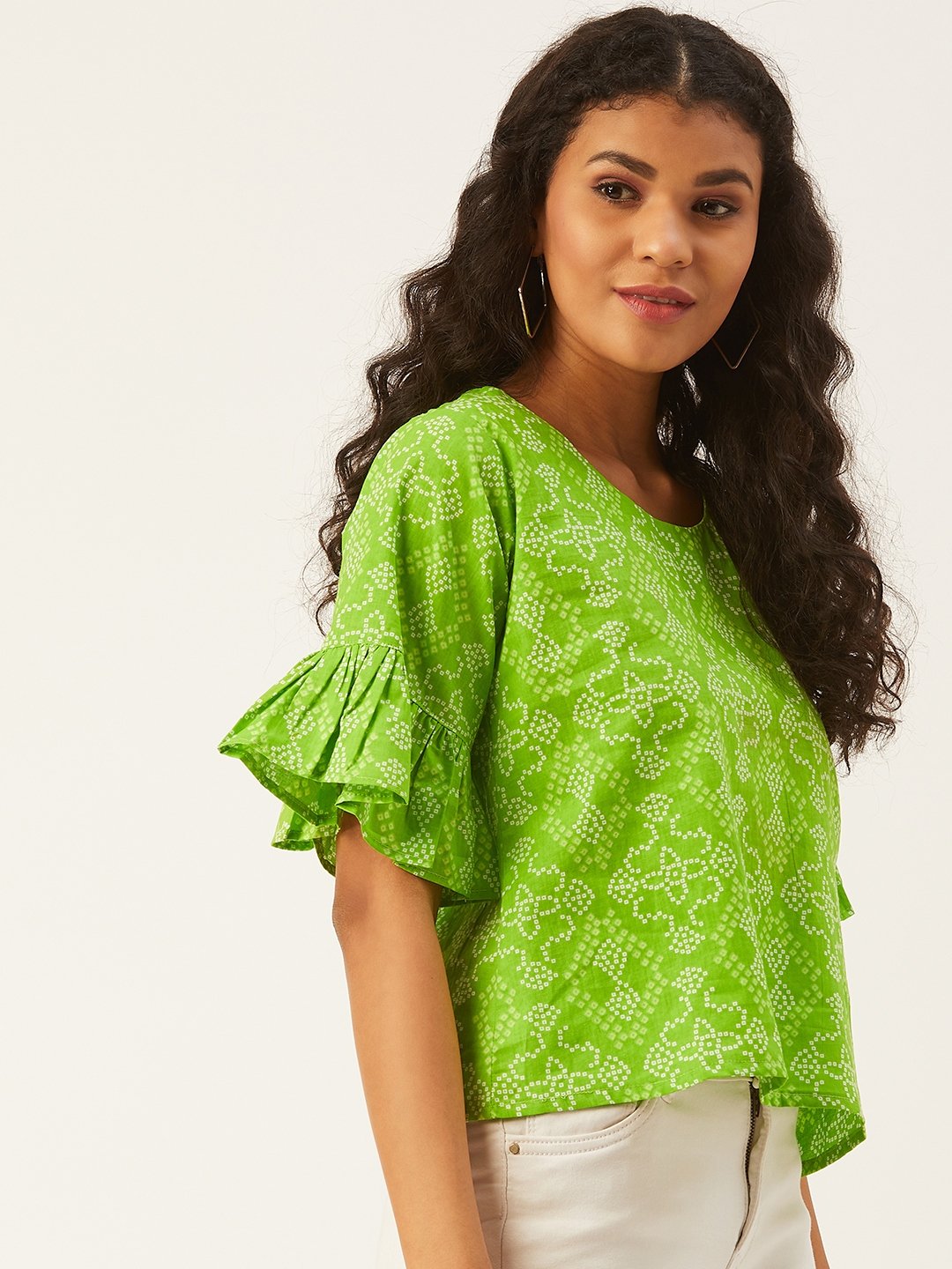 Green Bandhani Top With Frill Sleeve
