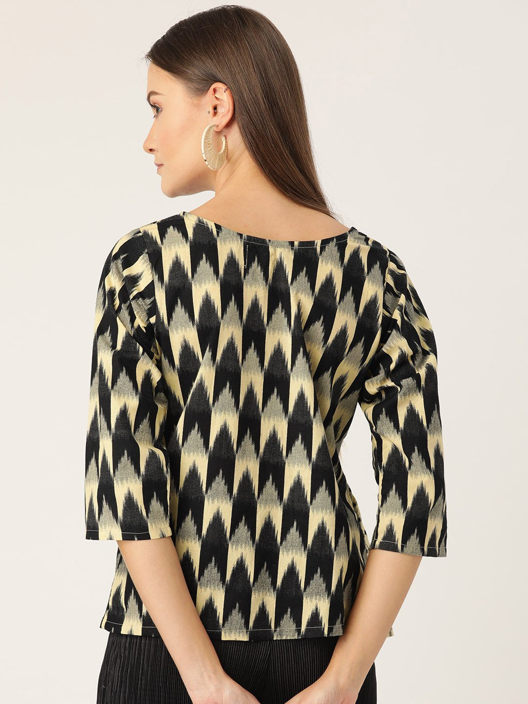 Black Ikkat Print Frill Top