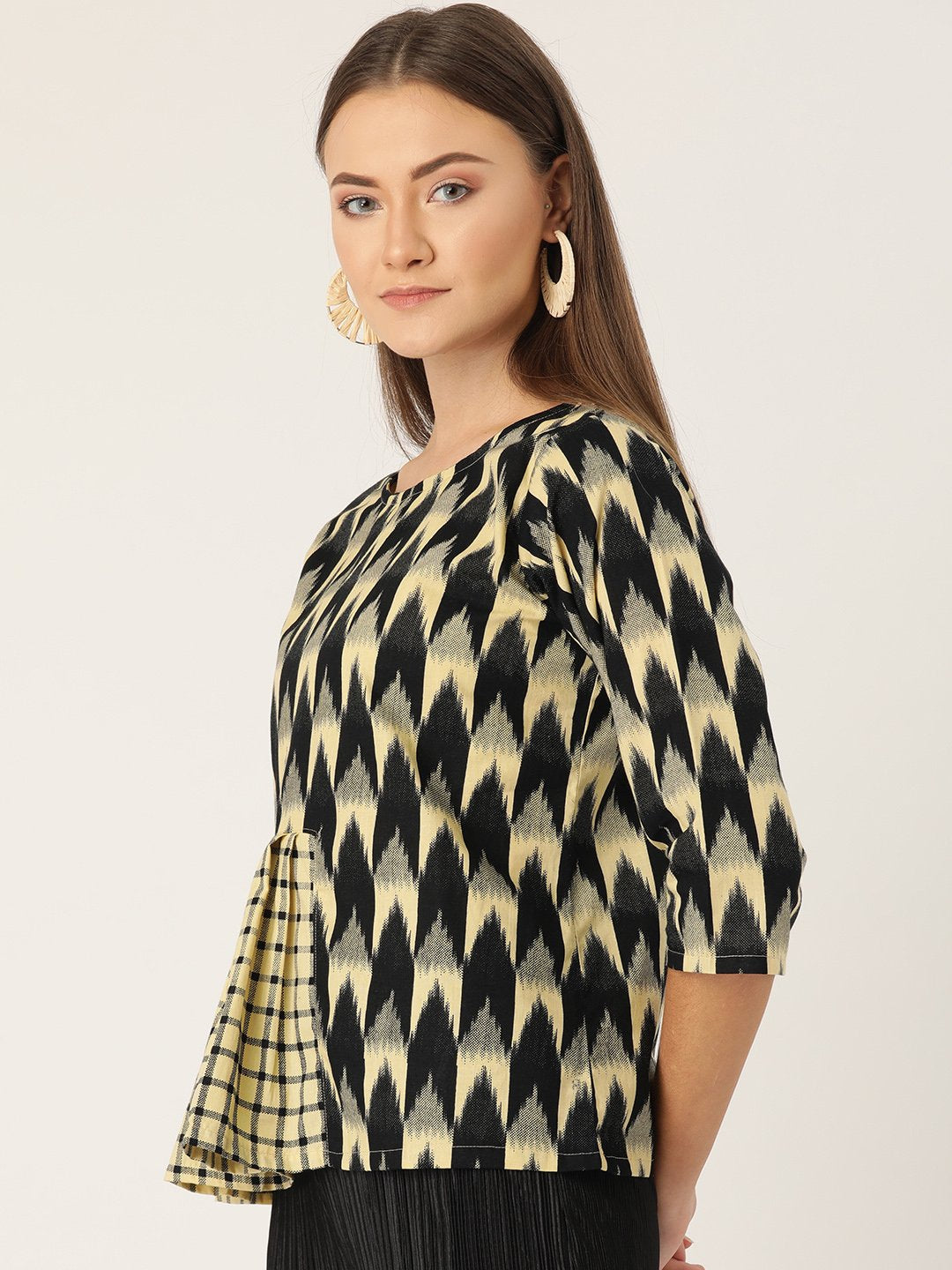 Black Ikkat Print Frill Top