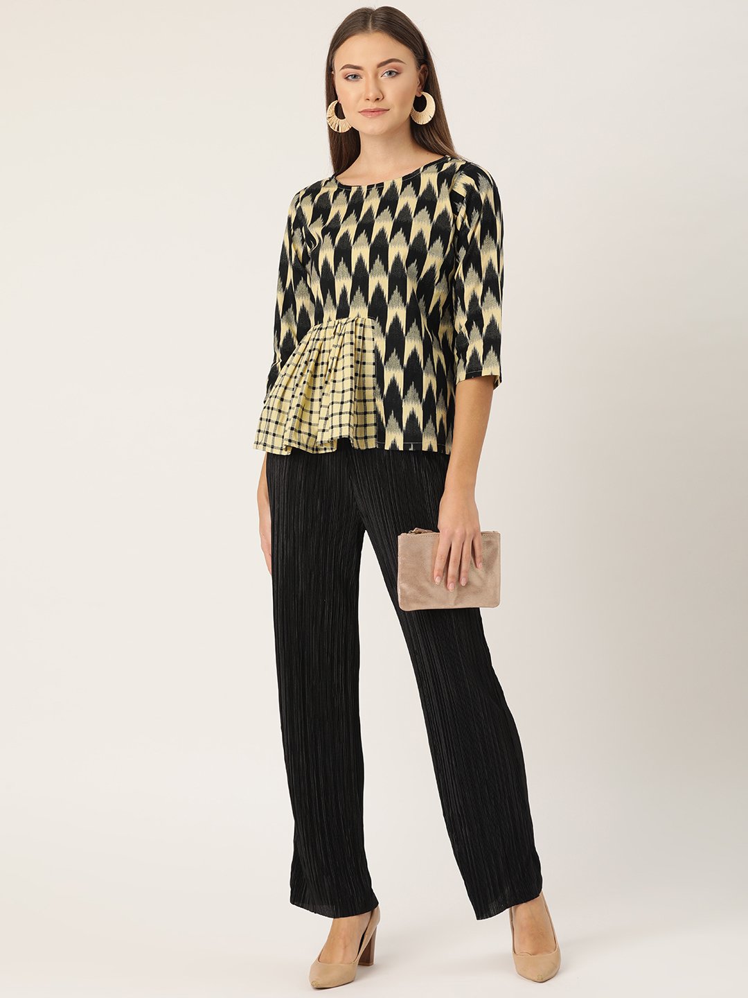 Black Ikkat Print Frill Top