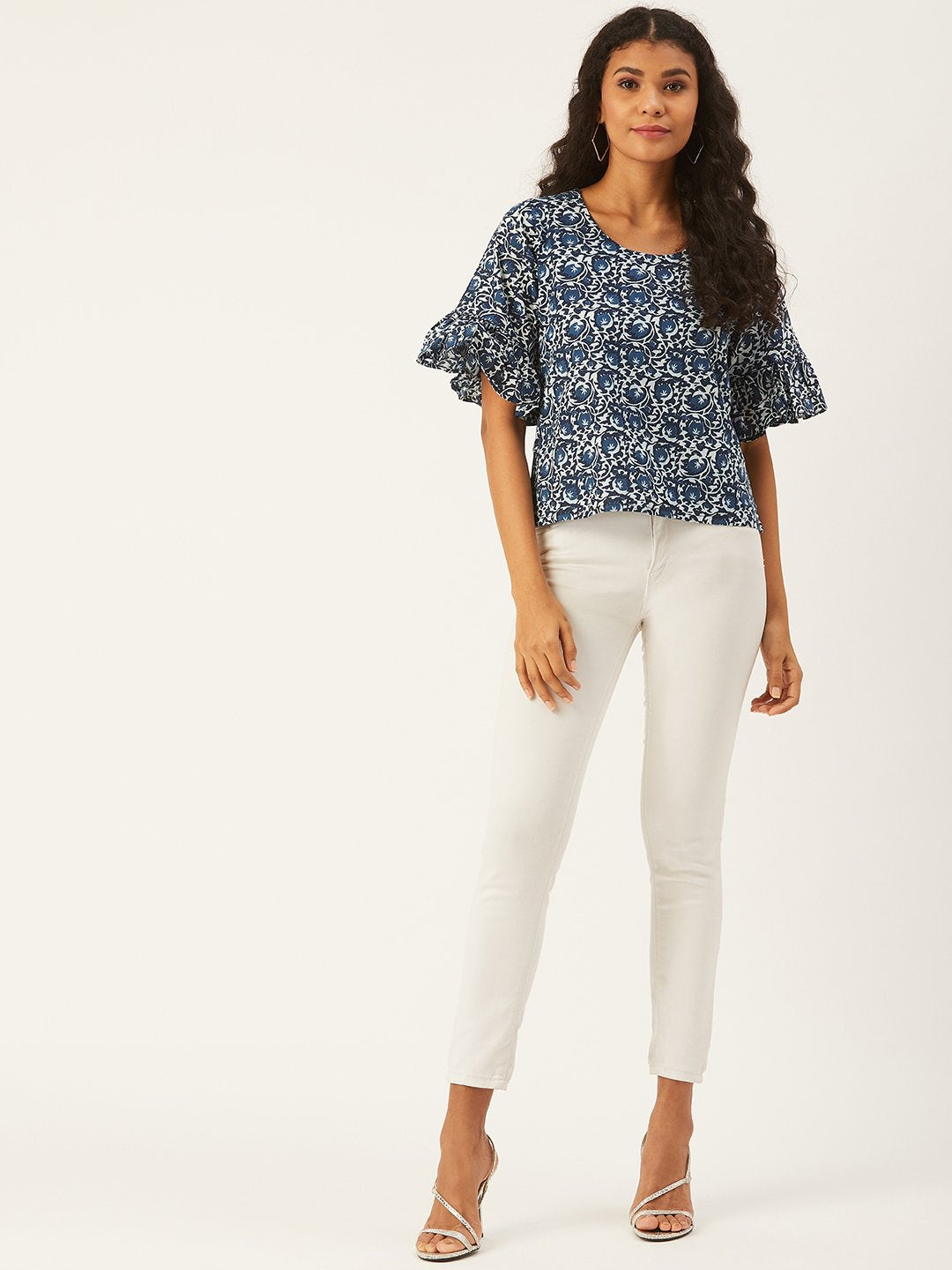 Blue Printed Top With Frill Sleeve