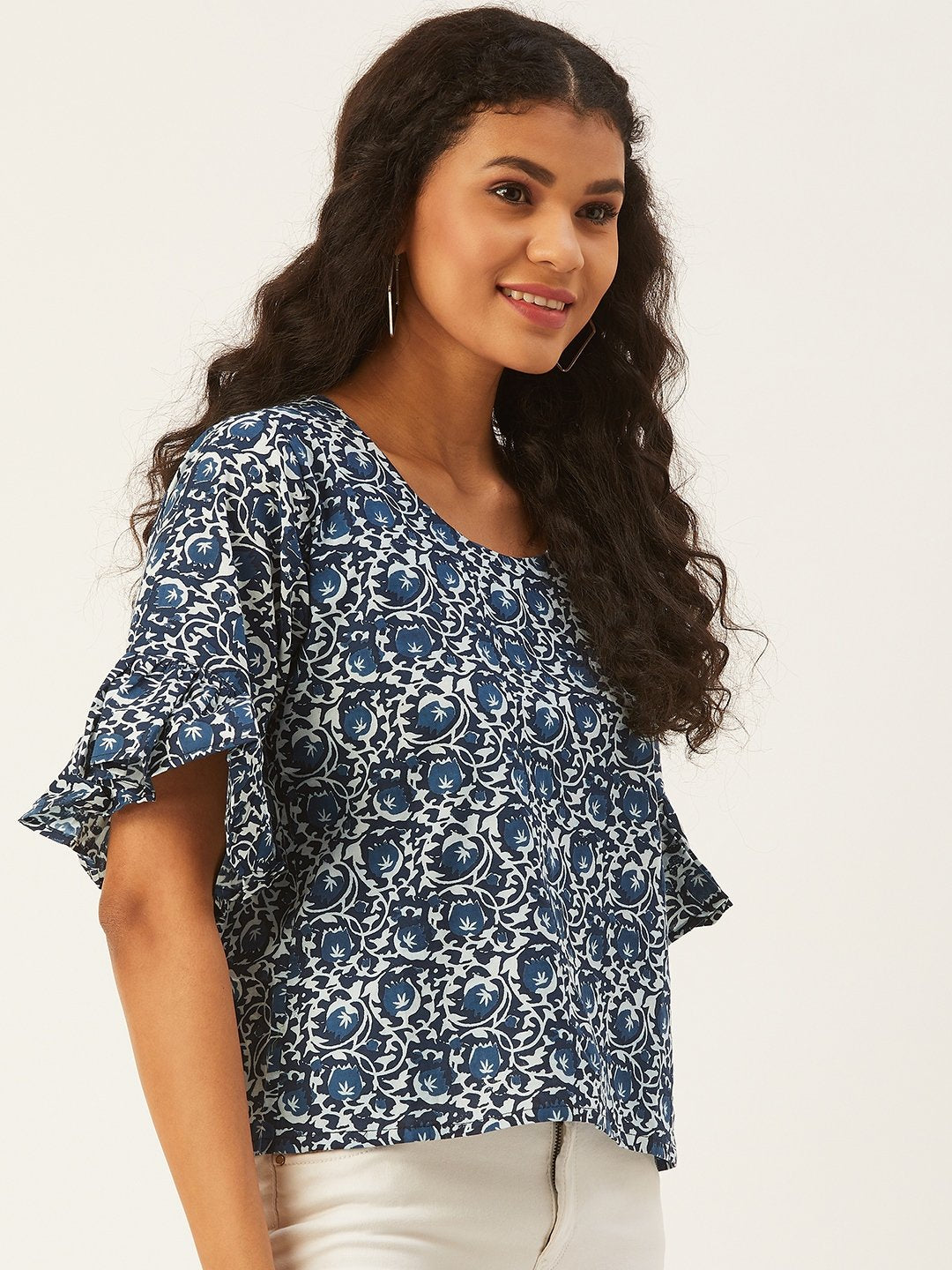 Blue Printed Top With Frill Sleeve