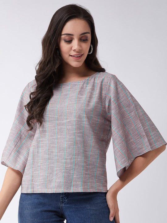 Pink And Green Stripes Handloom Top
