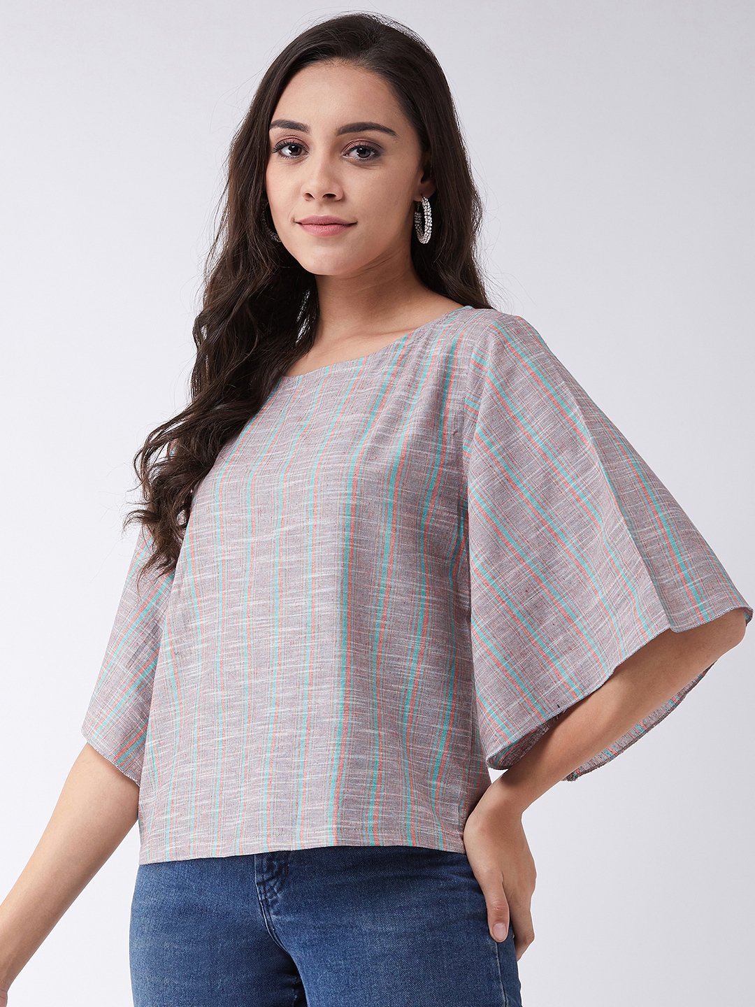 Pink And Green Stripes Handloom Top