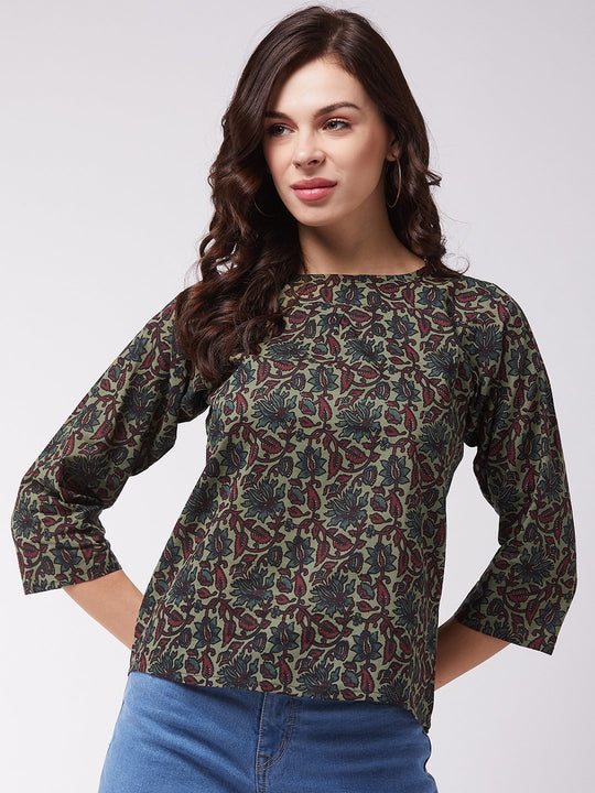 Dark Green Floral Print Top