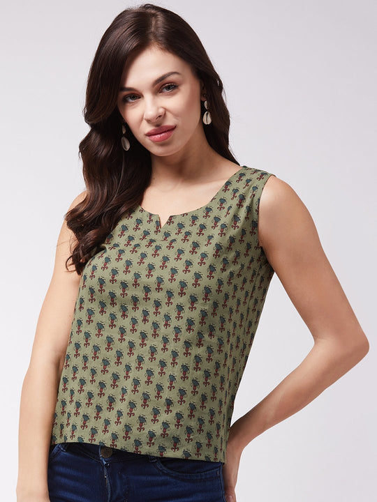 Dark Green Floral Sleveless Top
