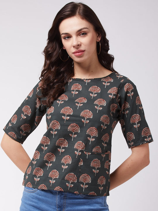 Green Floral Print Top