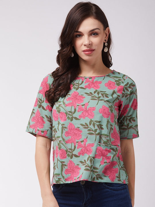 Green Pink Floral Top