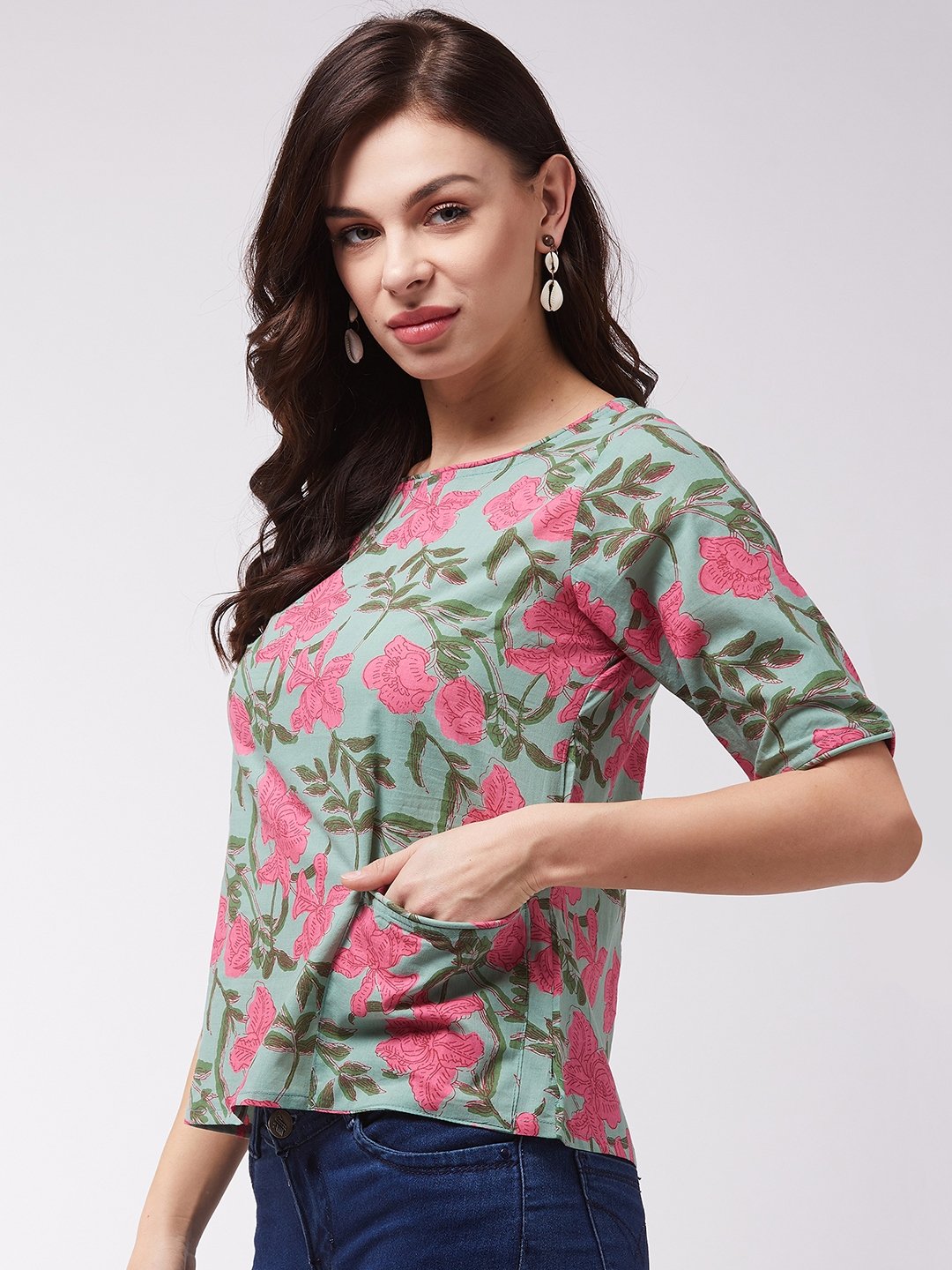 Green Pink Floral Top