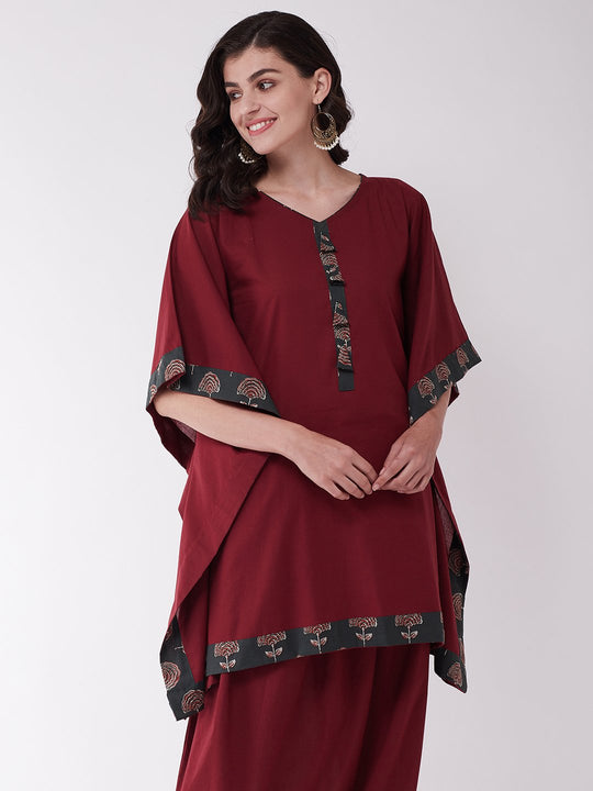 Maroon And Green Tassel Kaftan Tunic