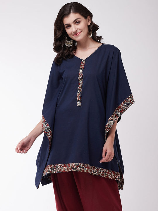 Navy Blue Kalamkari Border Kaftan Tunic