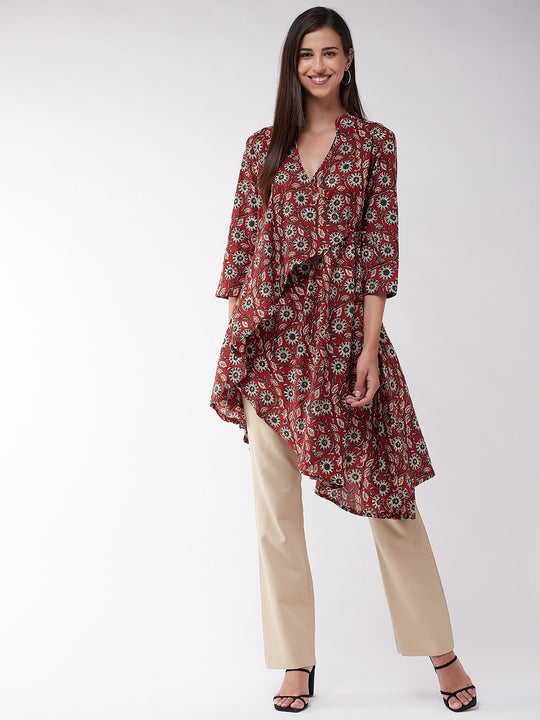 Maroon Floral Assymetric Top