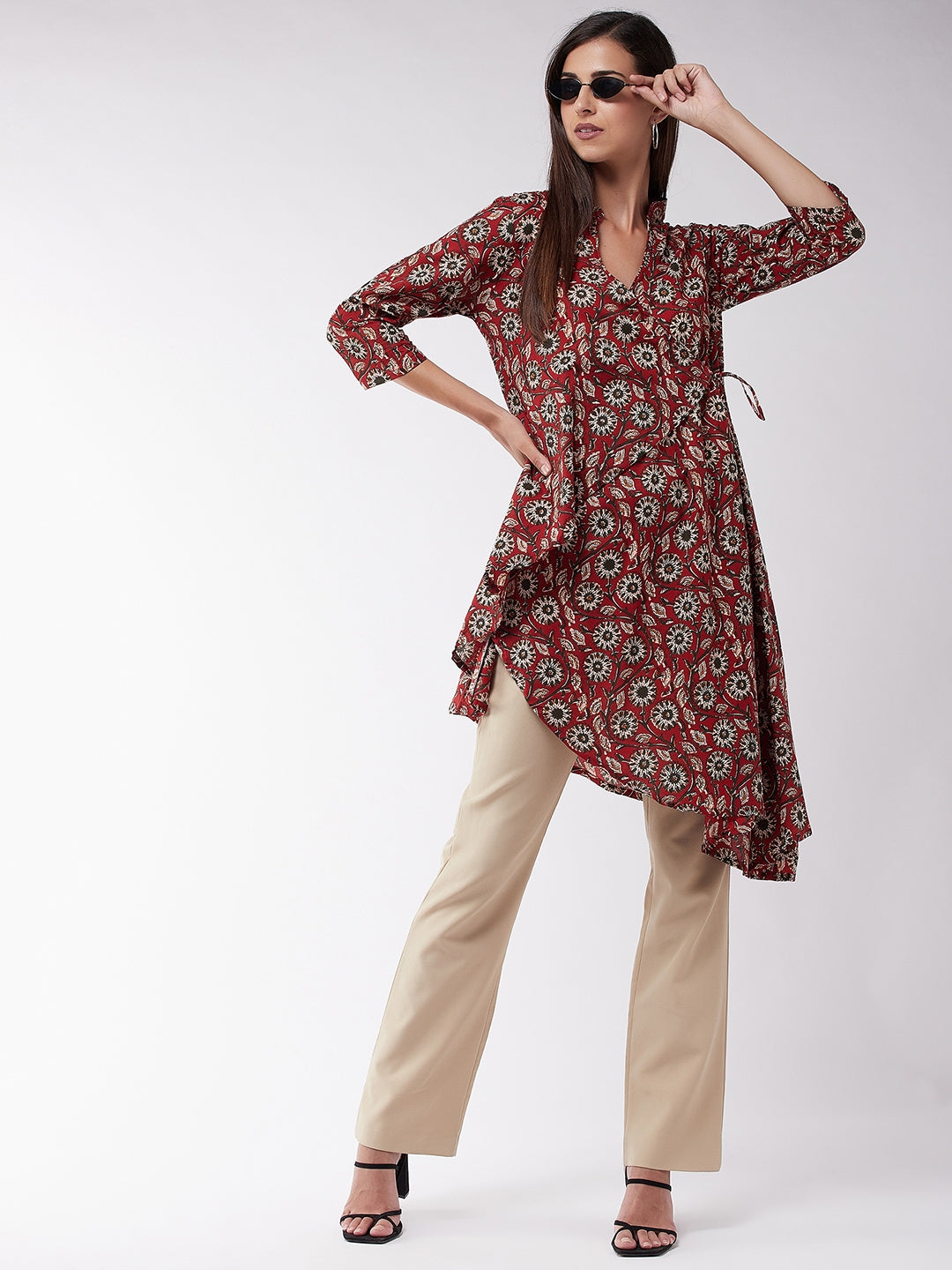 Maroon Floral Assymetric Top