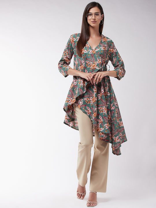 Green Floral Leaf Assymetric Top