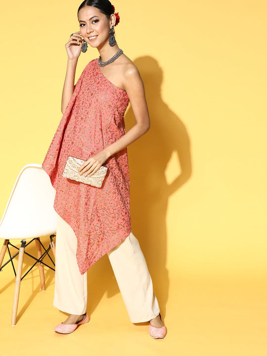 Peach Jaal Print One Shoulder Top