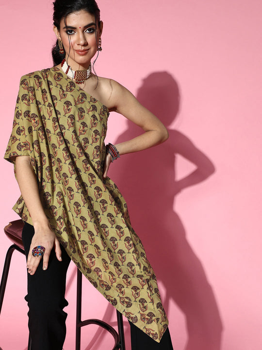 Olive Green Printed One Shoulder Top