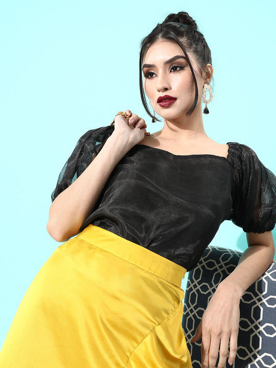 Black Organza Puff Sleeve Top