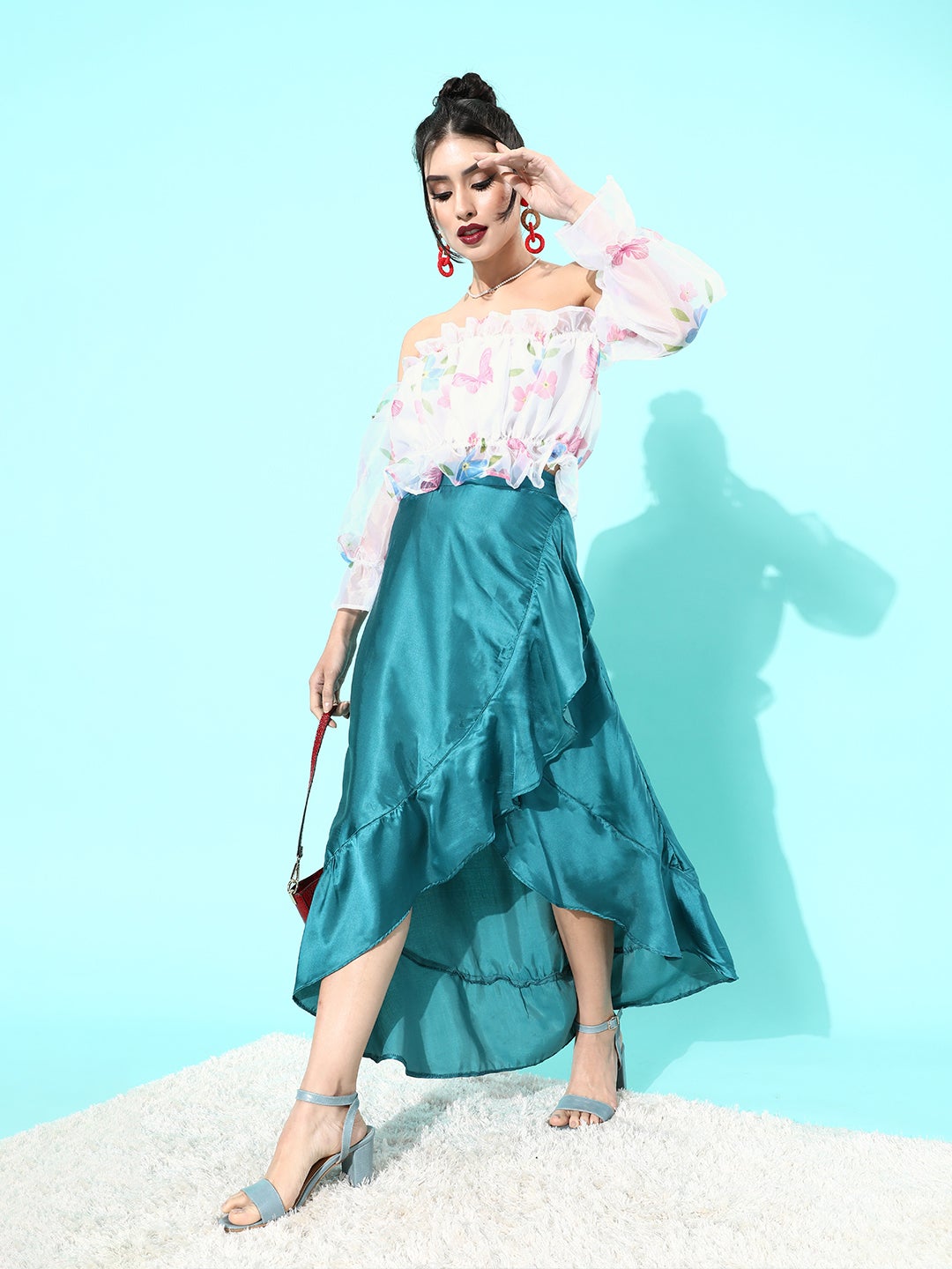 White Printed Off-Shoulder Organza Top