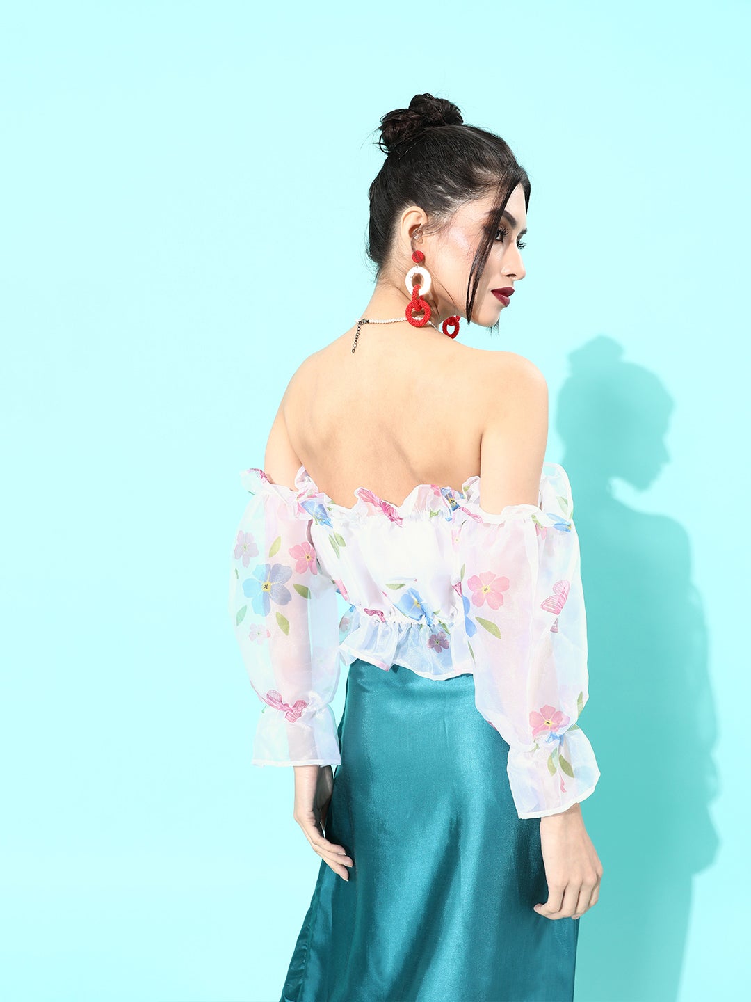 White Printed Off-Shoulder Organza Top