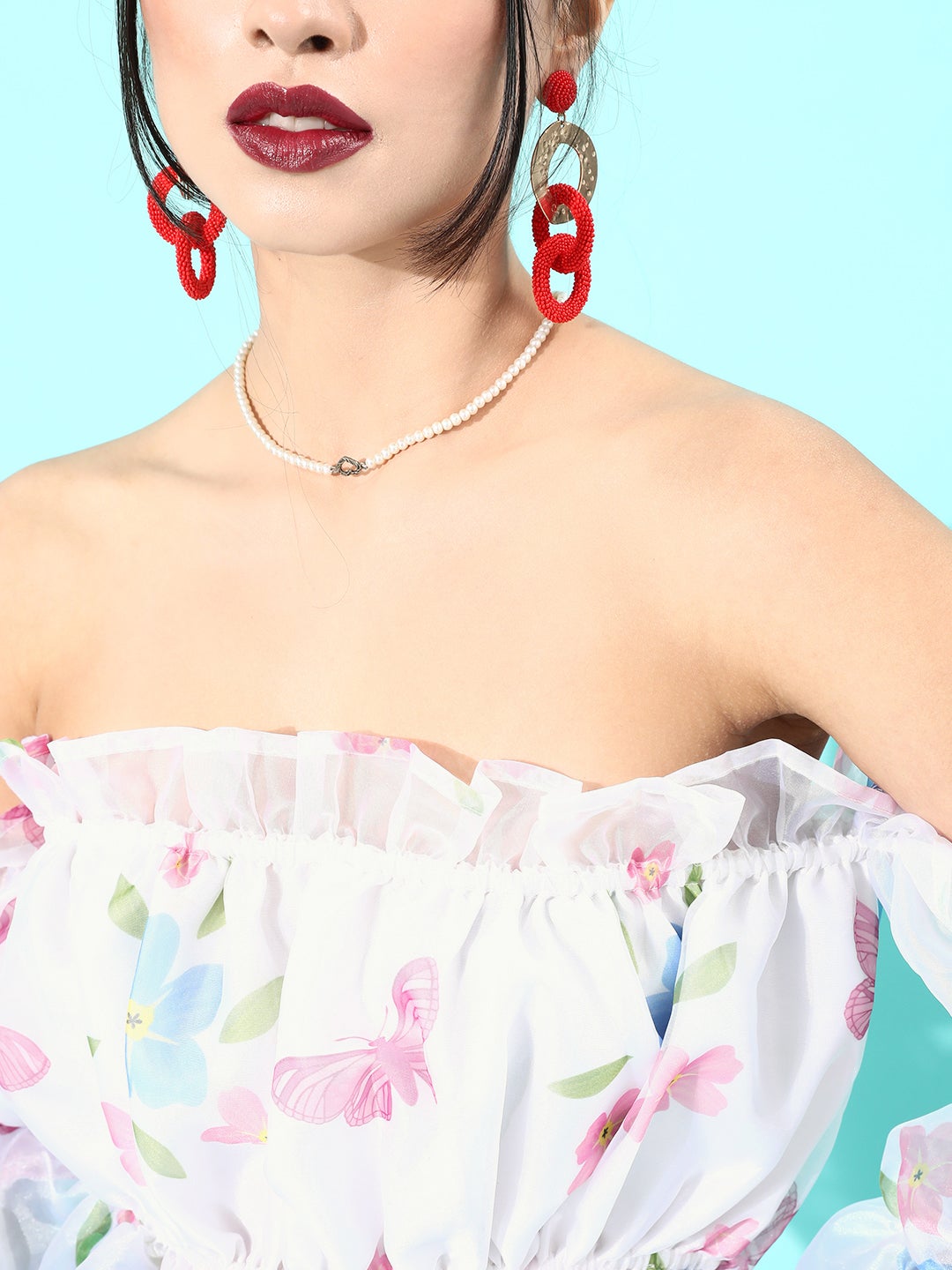 White Printed Off-Shoulder Organza Top