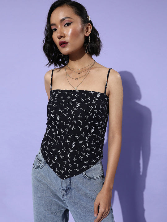 Black Small Leaf Print Scarf Top