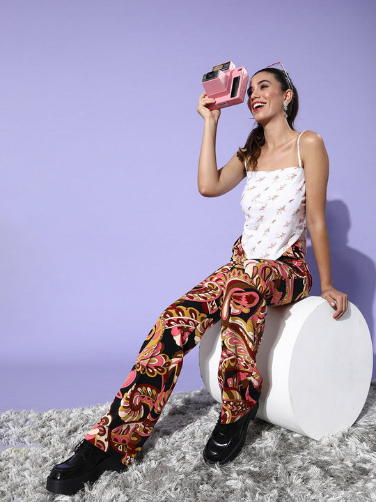 White Peach Leaf Print Scarf Top
