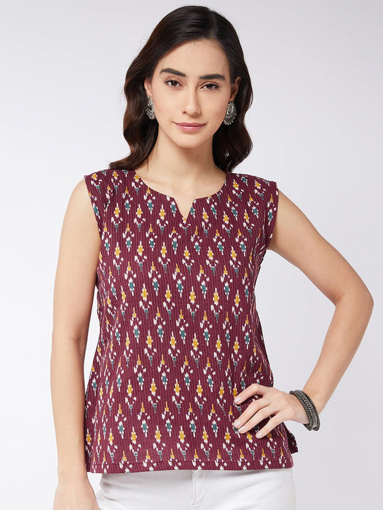 Brown Kantha Ikkat Print Sleeveless Top