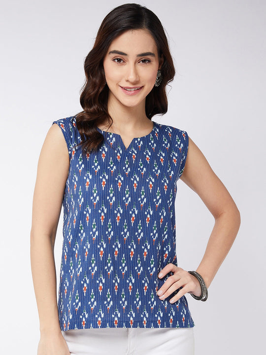 Blue Kantha Ikkat Print Sleeveless Top