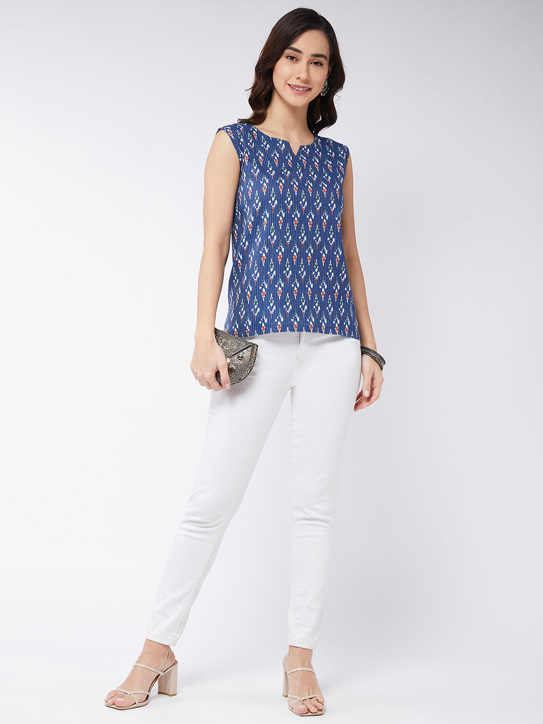 Blue Kantha Ikkat Print Sleeveless Top