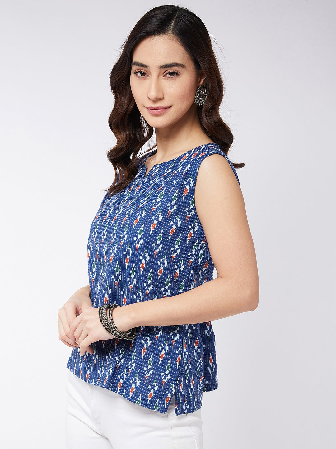 Blue Kantha Ikkat Print Sleeveless Top