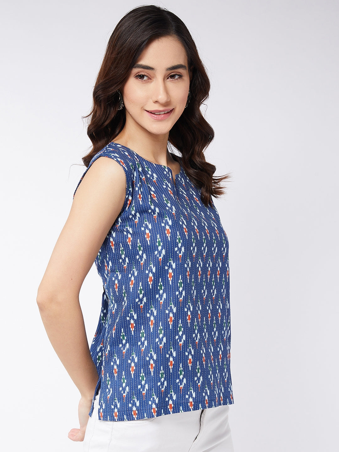 Blue Kantha Ikkat Print Sleeveless Top