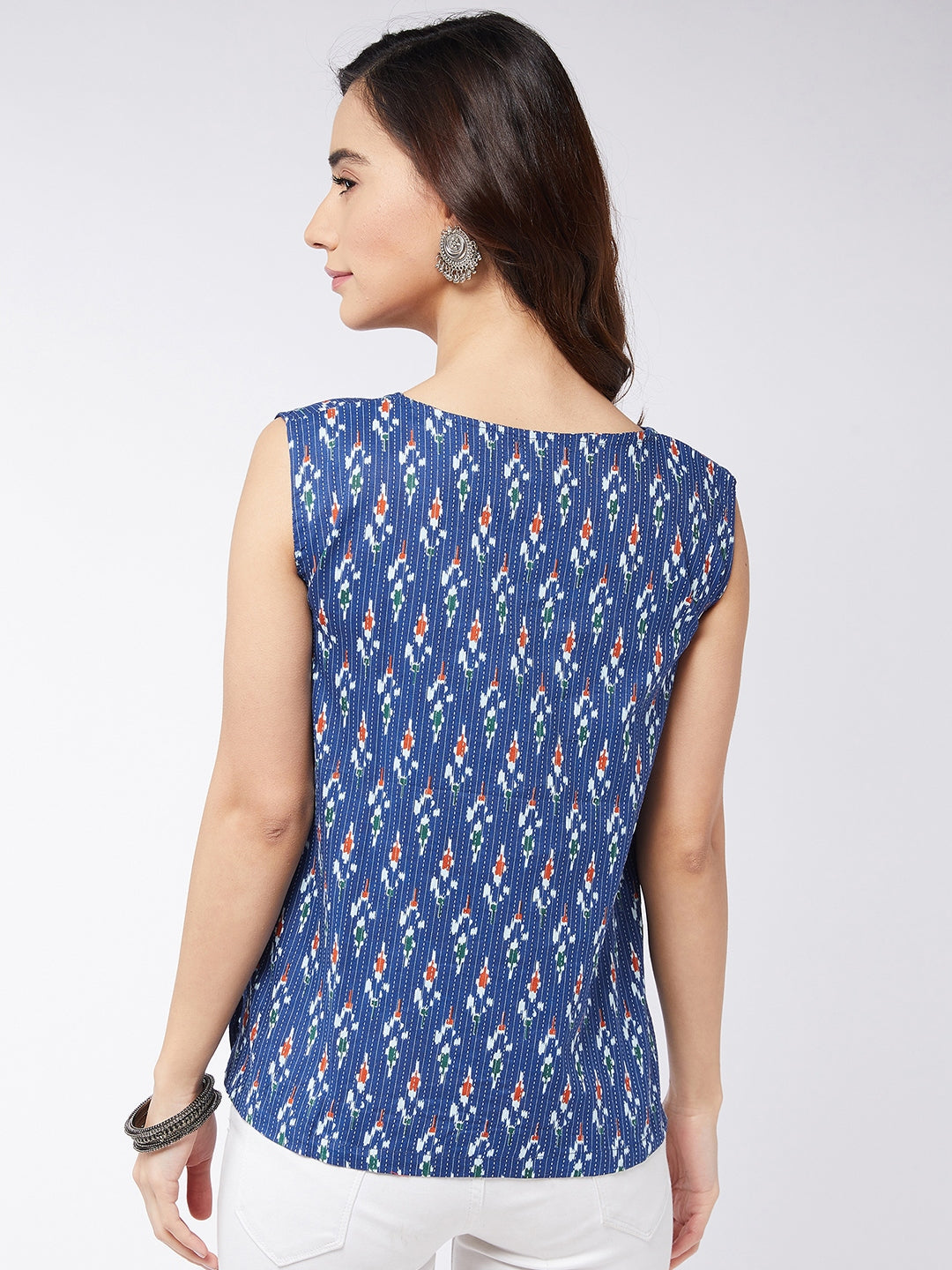 Blue Kantha Ikkat Print Sleeveless Top
