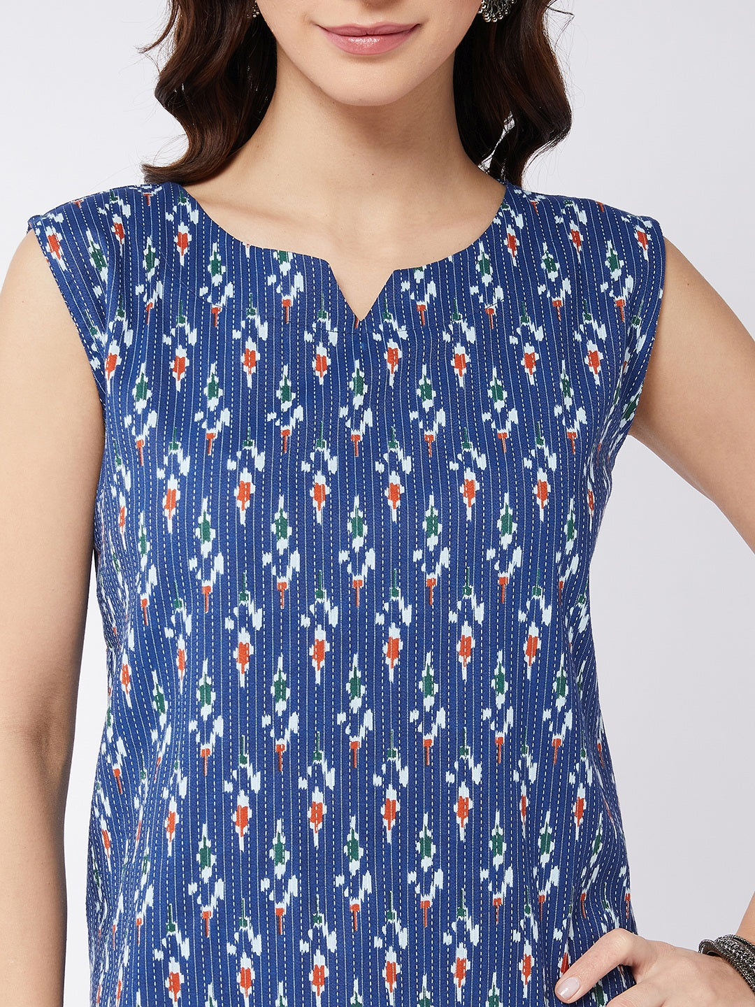 Blue Kantha Ikkat Print Sleeveless Top