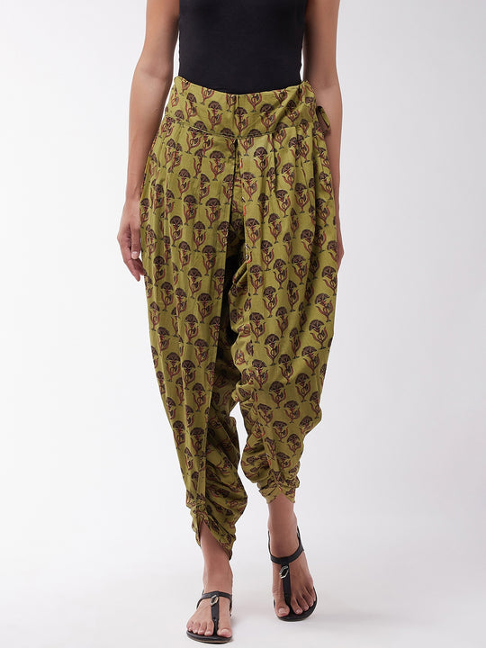 Olive Cotton Printed Dhoti