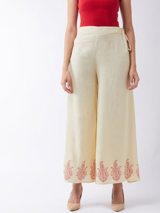 Off White Palazzo With Block Print Motif
