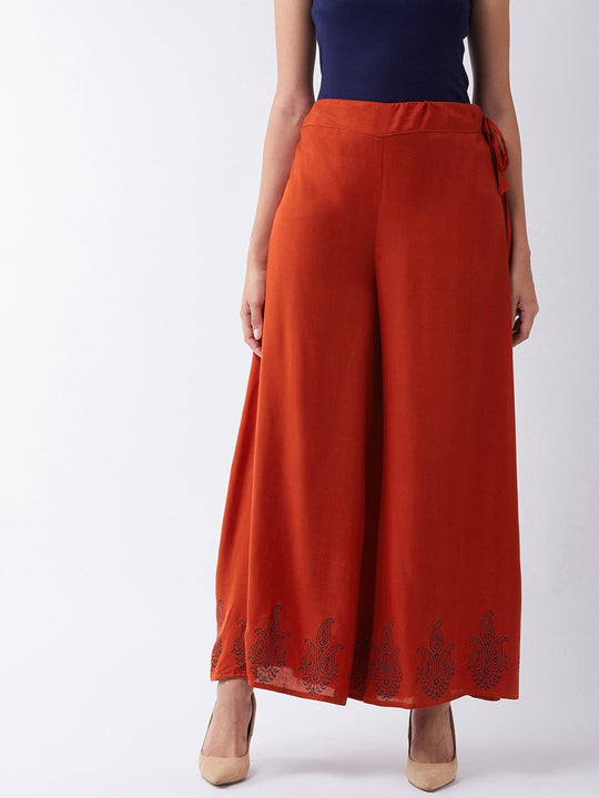 Rust Palazzo With Block Print Motif